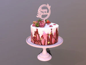 Elegant Hibiscus Strawberry Swirl Birthday Cake 3D Model