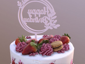 Elegant Hibiscus Strawberry Swirl Birthday Cake 3D Model