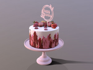 Elegant Hibiscus Strawberry Swirl Birthday Cake 3D Model