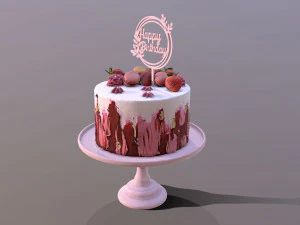 Elegant Hibiscus Strawberry Swirl Birthday Cake 3D Model