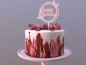 Elegant Hibiscus Strawberry Swirl Birthday Cake 3D Model