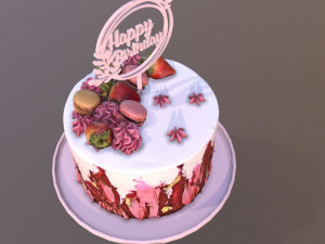 Elegant Hibiscus Strawberry Swirl Birthday Cake 3D Model