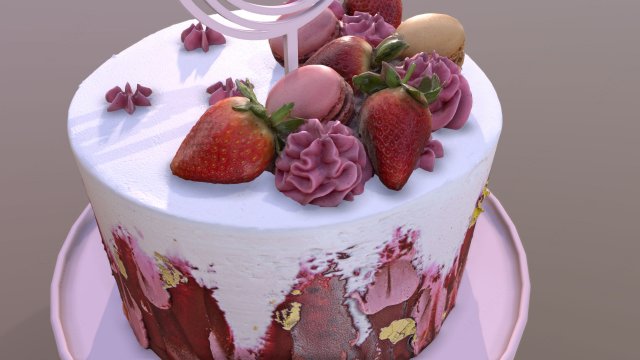 Elegant Hibiscus Strawberry Swirl Birthday Cake Low-poly 3D Model