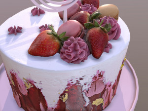 Elegant Hibiscus Strawberry Swirl Birthday Cake 3D Model