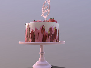 Elegant Hibiscus Strawberry Swirl Birthday Cake 3D Model