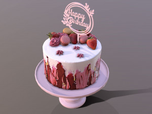 Elegant Hibiscus Strawberry Swirl Birthday Cake 3D Model