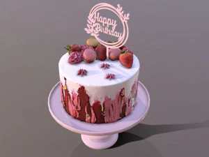 Elegant Hibiscus Strawberry Swirl Birthday Cake 3D Model