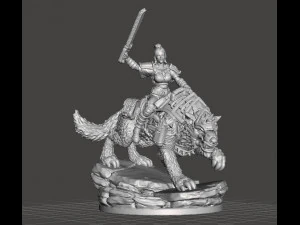 चेन स्वोर्ड मिनिएचर मॉडल आरपीजी डीएनडी के साथ वुल्फ पर महिला रफ राइडर 3D प्रिंट मॉडल