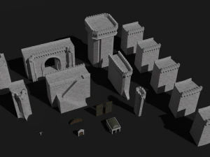 modular castle walls - 17 pieces with 1 trim sheet texture low-poly 3D Model