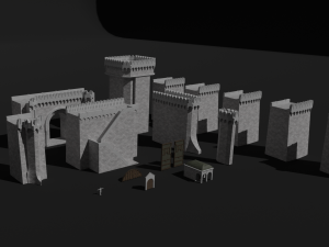 modular castle walls - 17 pieces with 1 trim sheet texture low-poly 3D Model