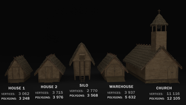medieval village 5 piece pack 2x house warehouse silo church low-poly 3D Model .c4d .max .obj .3ds .fbx .stl .blend 
