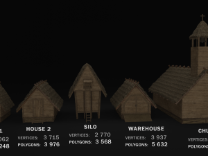 medieval village 5 piece pack 2x house warehouse silo church low-poly  3D Model