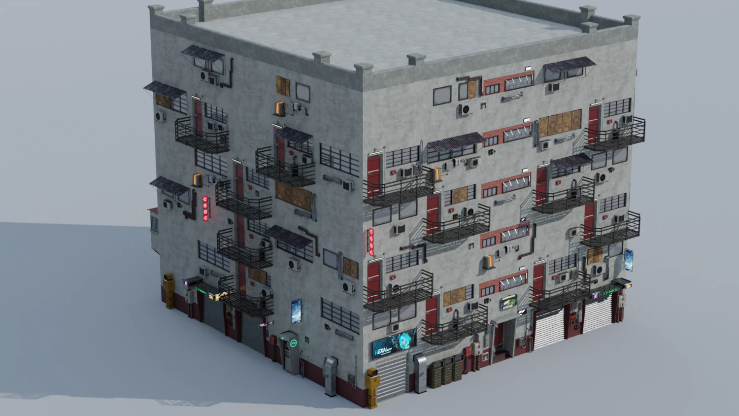 scifi cyberpunk building and props modular set 3D Model .c4d .max .obj .3ds .fbx .stl .blend 