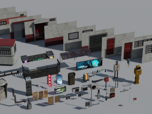 scifi cyberpunk building and props modular set Model 3D
