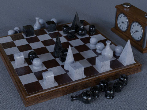 Vintage Chess Set and Clock 3D Model