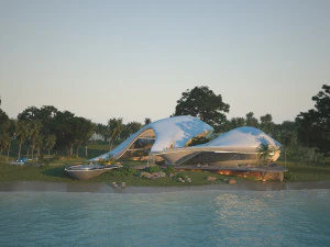 Casa de vila de praia org&acirc;nica e grama 3d Modelo 3D