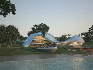 Casa de vila de praia org&acirc;nica e grama 3d Modelo 3D