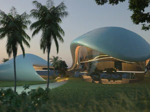 Casa de vila de praia org&acirc;nica e grama 3d Modelo 3D