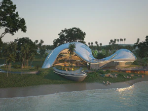 Casa de vila de praia org&acirc;nica e grama 3d Modelo 3D