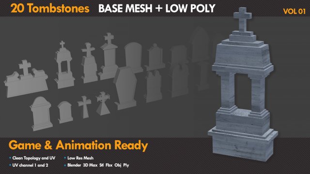 20 Low Poly Tombstones 20 Base mesh 3D Модель .c4d .max .obj .3ds .fbx .stl .blend 