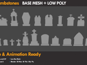 20 Low Poly Tombstones 20 Base mesh 3D Модель