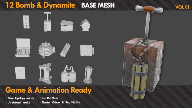 12 Bomb Dynamite Basemeshe 3Dモデル .c4d .max .obj .3ds .fbx .stl .blend 