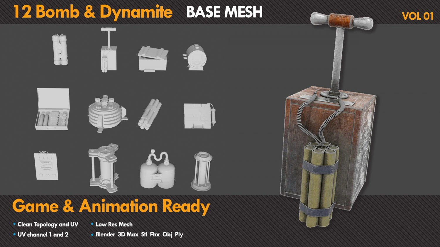 12 Bomb Dynamite Basemeshe 3D Model .c4d .max .obj .3ds .fbx .stl .blend 