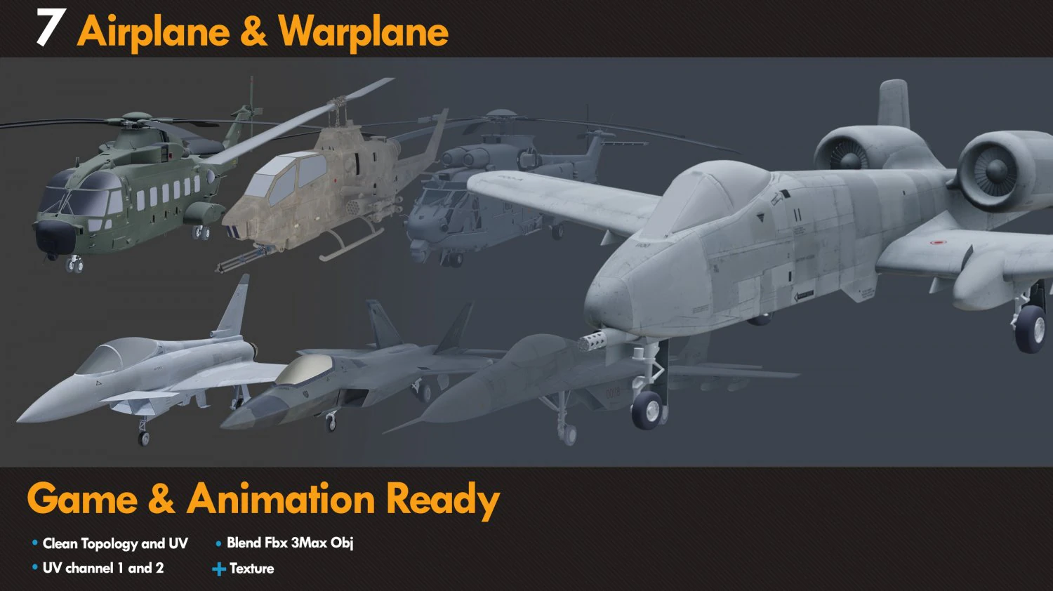 7 Airplane Warplane Helicopter 3D Model .c4d .max .obj .3ds .fbx .stl .blend