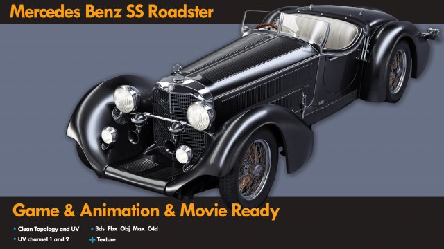 Mercedes Benz SS Roadster 3D Модель .c4d .max .obj .3ds .fbx .stl .blend 