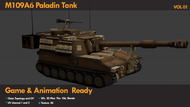 M109A6 Paladin Tank 3D Модель .c4d .max .obj .3ds .fbx .stl .blend 