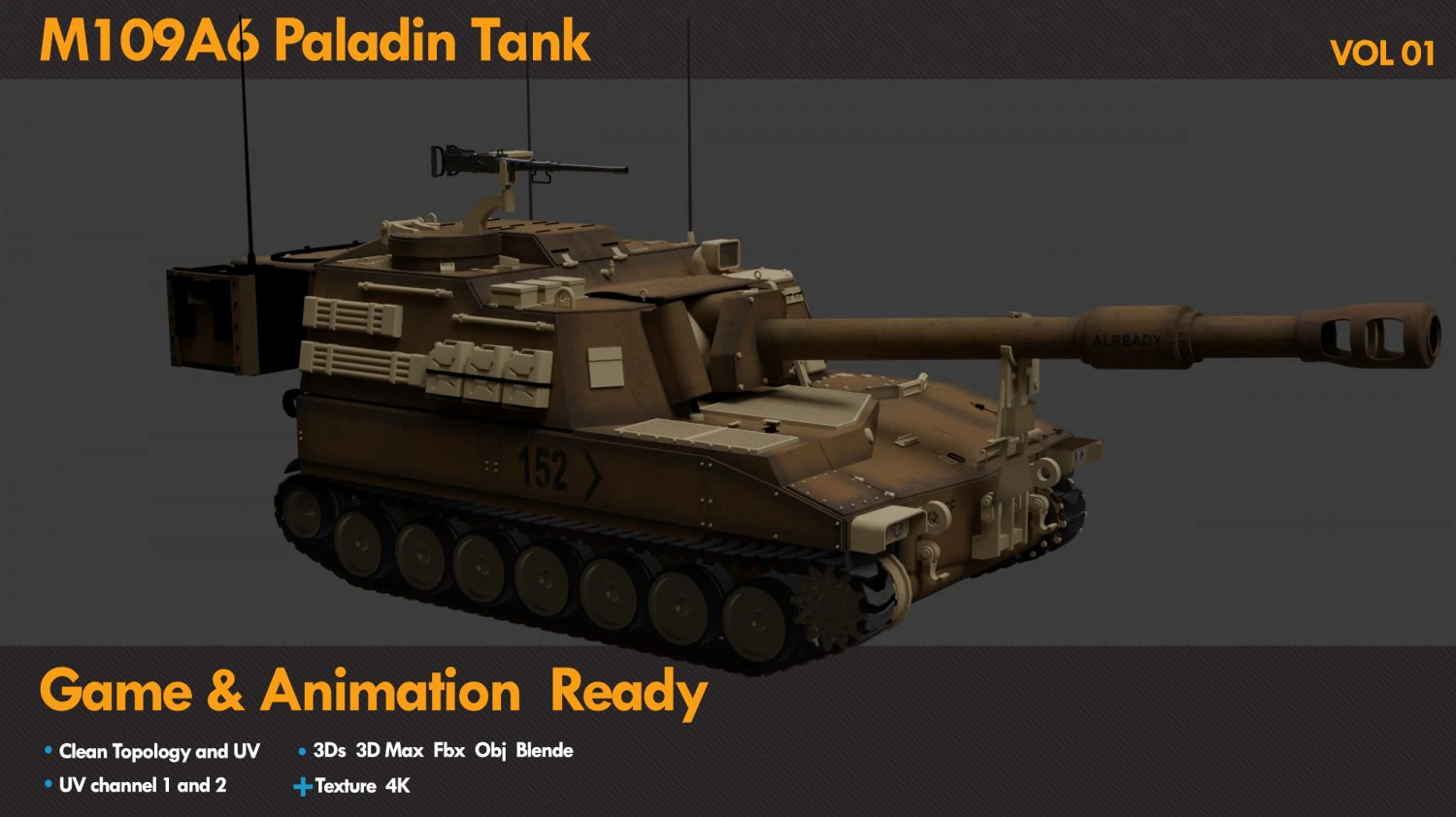M109A6 Paladin Tank 3D Model .c4d .max .obj .3ds .fbx .stl .blend