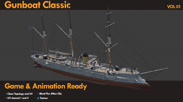 Gunboat 3D Model .c4d .max .obj .3ds .fbx .stl .blend 