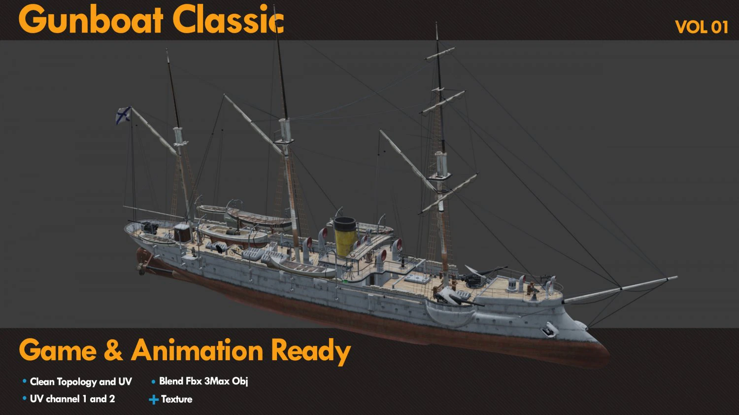 Kanonenboot 3D Modell .c4d .max .obj .3ds .fbx .stl .blend 