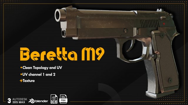 Beretta M9 3D Model .c4d .max .obj .3ds .fbx .stl .blend 
