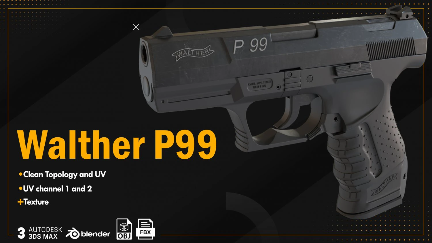 Walther P99 3D Model .c4d .max .obj .3ds .fbx .stl .blend 