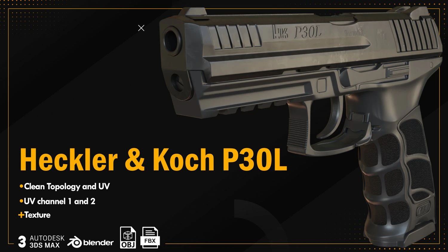 Heckler Koch P30L 3D Model .c4d .max .obj .3ds .fbx .stl .blend