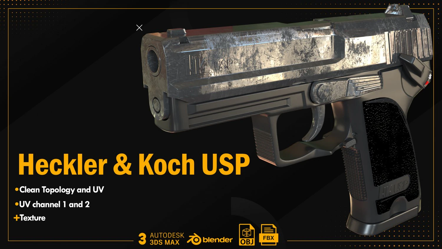 Heckler Koch USP 3D Model .c4d .max .obj .3ds .fbx .stl .blend 