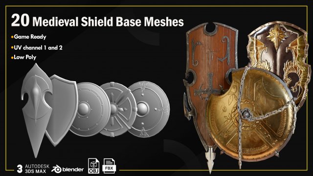20 Medieval Shield Base Meshes Model 3D .c4d .max .obj .3ds .fbx .stl .blend 