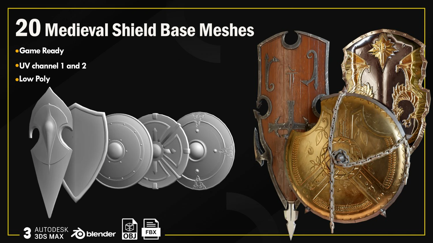 20 Medieval Shield Base Meshes 3D Model .c4d .max .obj .3ds .fbx .stl .blend 
