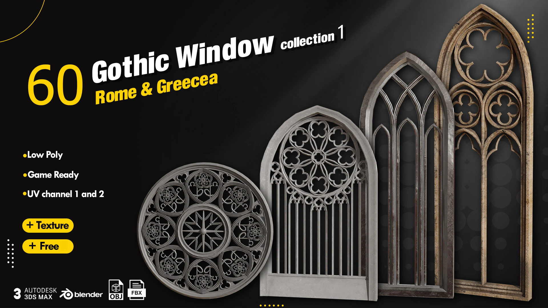 60 Gothic Window 3D Model .c4d .max .obj .3ds .fbx .stl .blend 