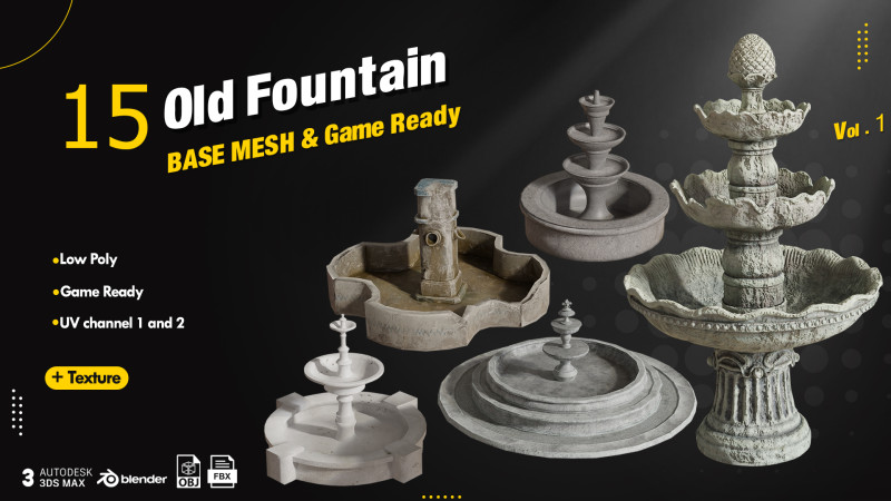 15 Old Fountain 3D Model .c4d .max .obj .3ds .fbx .stl .blend