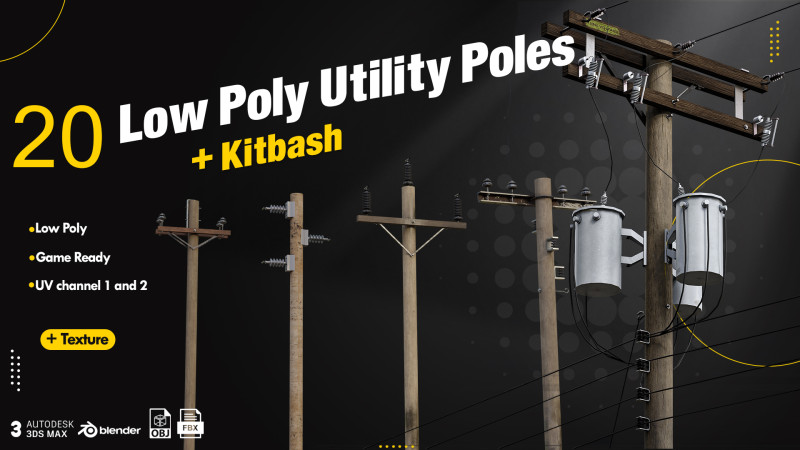 20 Low Poly Utility Poles Modello 3D .c4d .max .obj .3ds .fbx .stl .blend