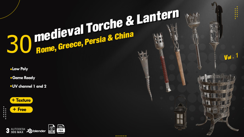 30 Medieval Torches Lantern 3D Model .c4d .max .obj .3ds .fbx .stl .blend
