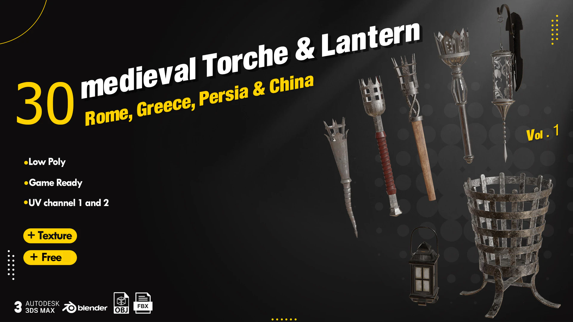 30 Medieval Torches Lantern 3D Model .c4d .max .obj .3ds .fbx .stl .blend 