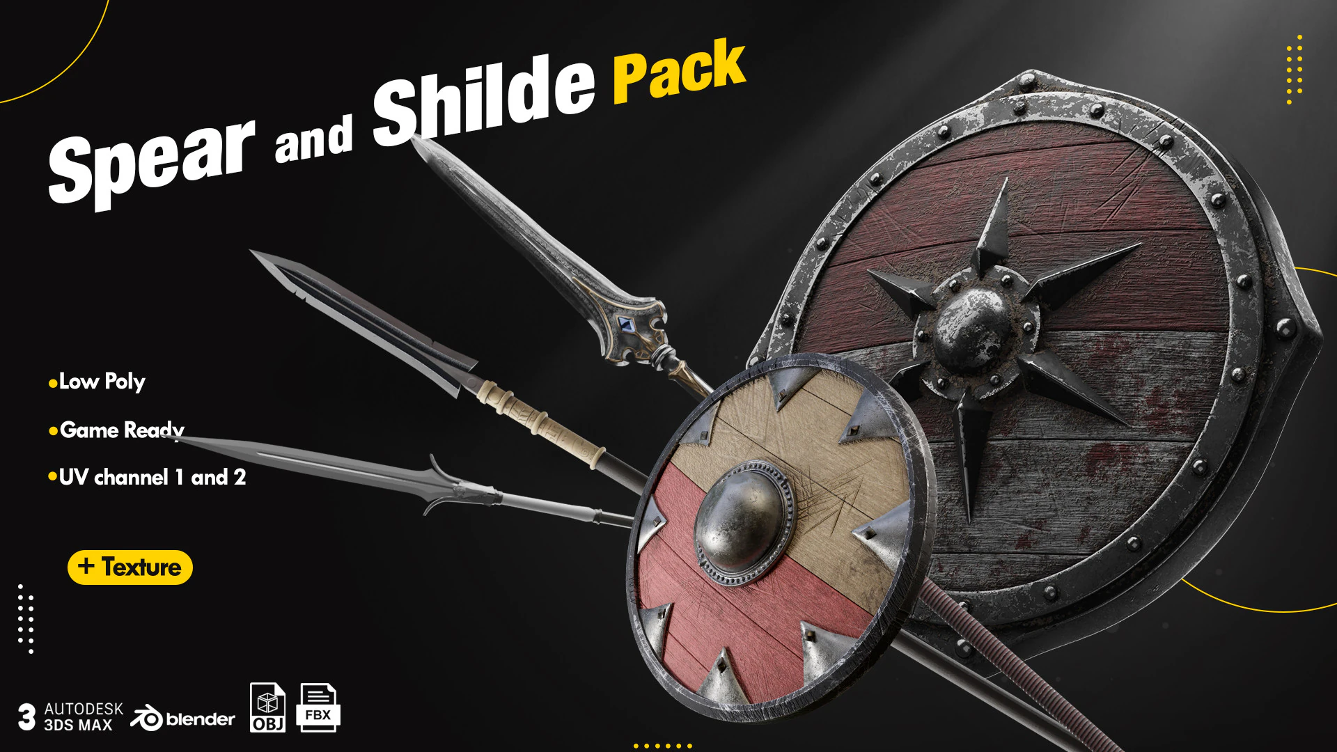 Shield and Spear Pack 3D Model .c4d .max .obj .3ds .fbx .stl .blend 
