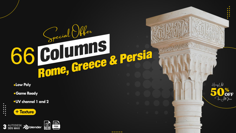66 Columns Rome Greece and Persia 3D Модель .c4d .max .obj .3ds .fbx .stl .blend