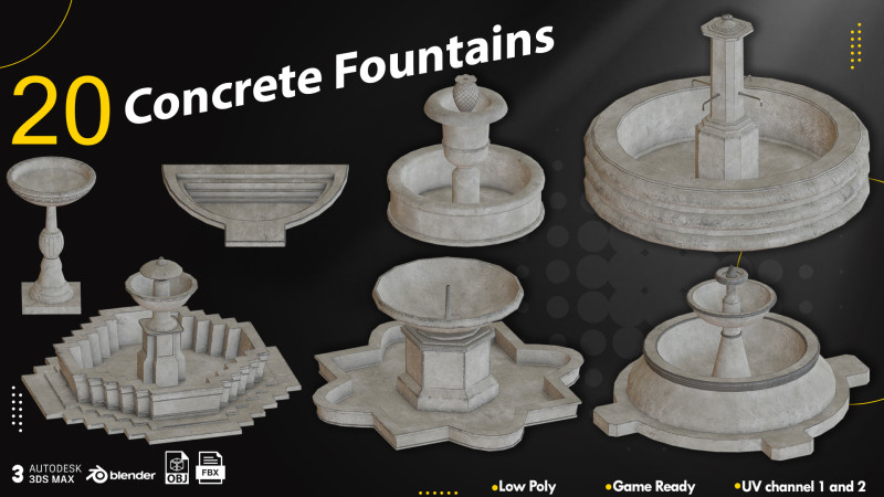 Concrete Fountains Game Ready Pack 3D Модель .c4d .max .obj .3ds .fbx .stl .blend 
