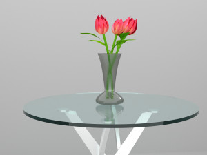 a set of glass kitchen table and a glass vase with flowers 3D Model