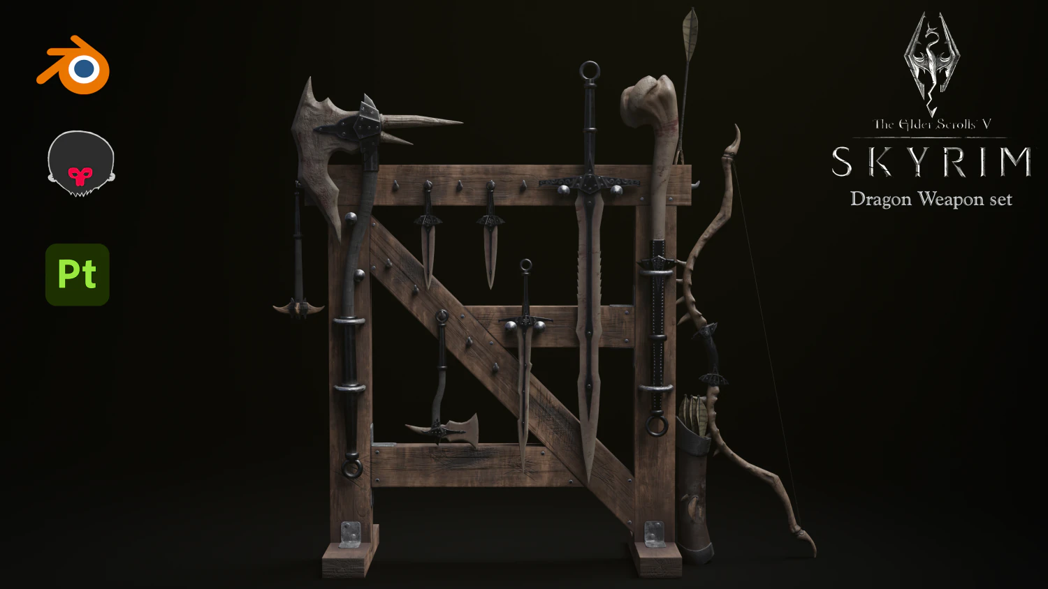 Dragon Bone Weapon Set from Skyrim 3D Model .c4d .max .obj .3ds .fbx .stl .blend 