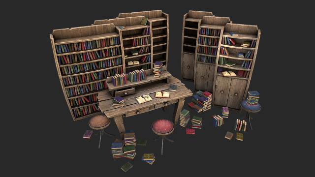 medieval library furniture set model Model 3D .c4d .max .obj .3ds .fbx .stl .blend 